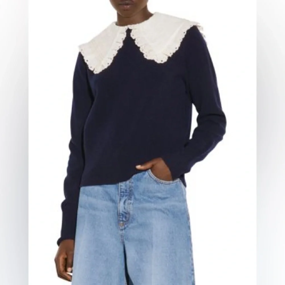 Sandro Sivane Navy Blue 100% Wool Pilgrim Broderie Trim Collar Sweater Size 2(S) - Picture 2 of 10